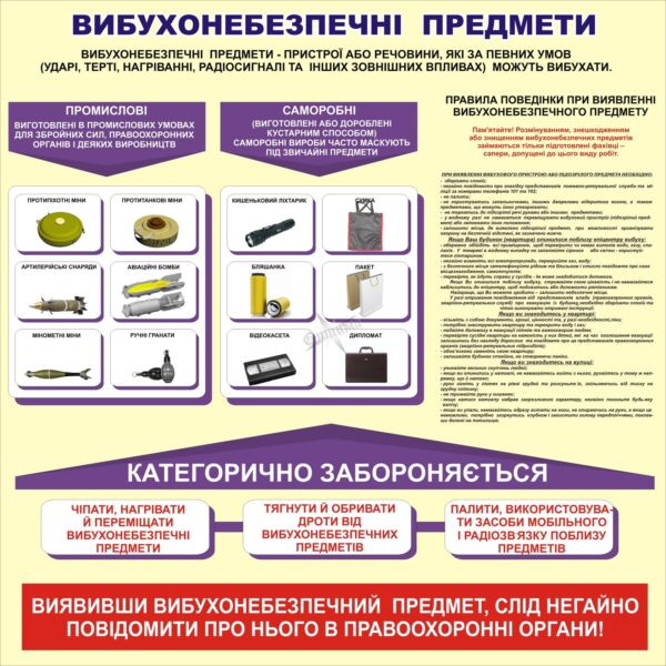 Пластиковий стенд з безпеки «Вибухонебезпечні предмети»
