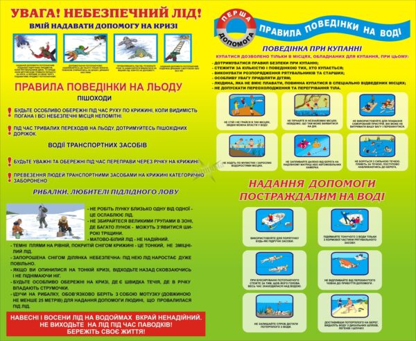 Пластиковий стенд «Поведінка на воді. Небезпечний лід» для навчальних закладів