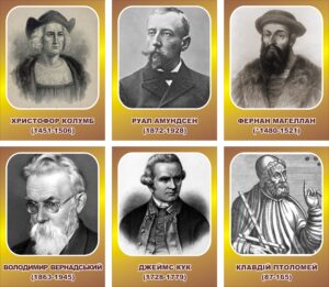 Портрети відомих географів мандрівників та дослідників в асортименті