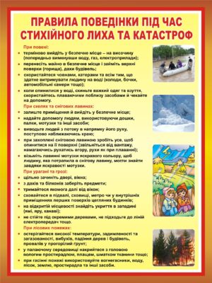 Пластиковий стенд «Правила поведінки під час стихійного лиха та катастроф»