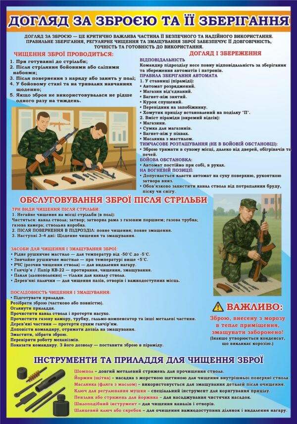 Пластиковий стенд «Догляд за зброєю та її зберігання»